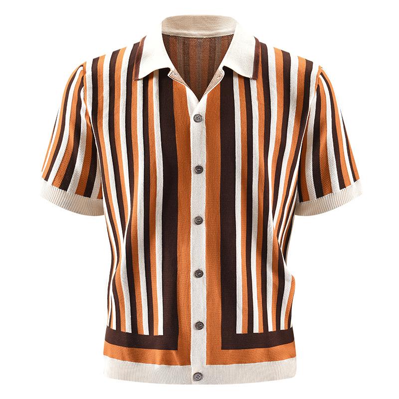 Mens Striped Knit Cuban Collar Short Sleeve Button Up Casual Polo Shirt S