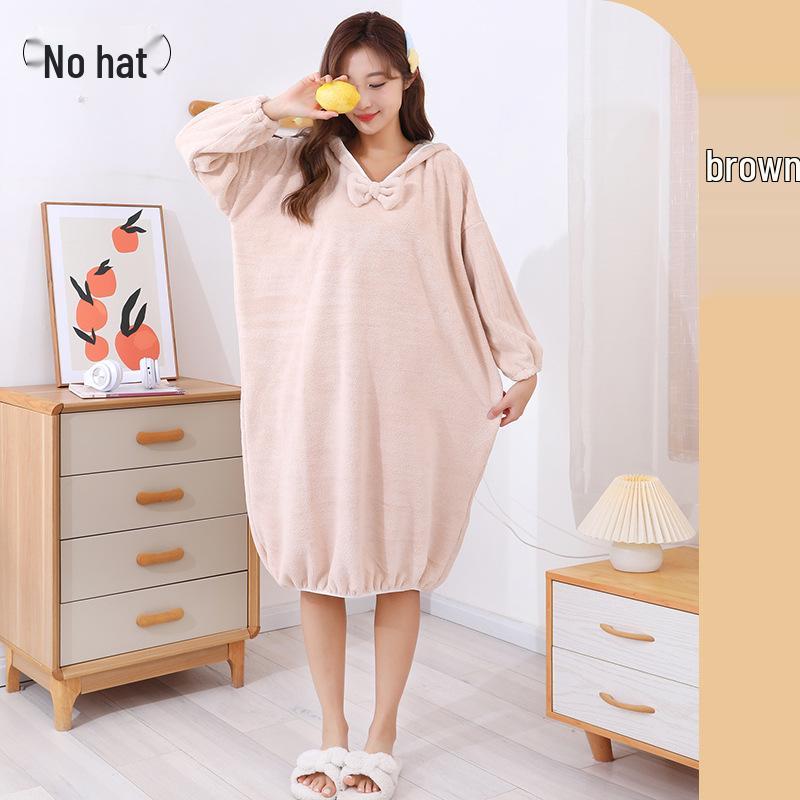 Women's Thickened Winter Hooded Bathrobe - Absorbent Coral Fleece Bath Towel with Long Sleeves and Bath Skirt