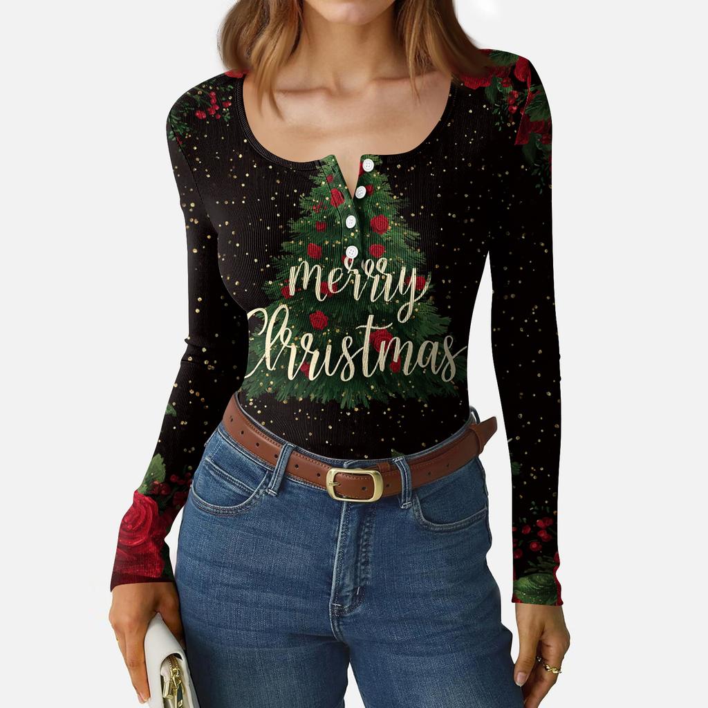 Women's Casual Fashion Christmas Print Button Long Sleeve Top