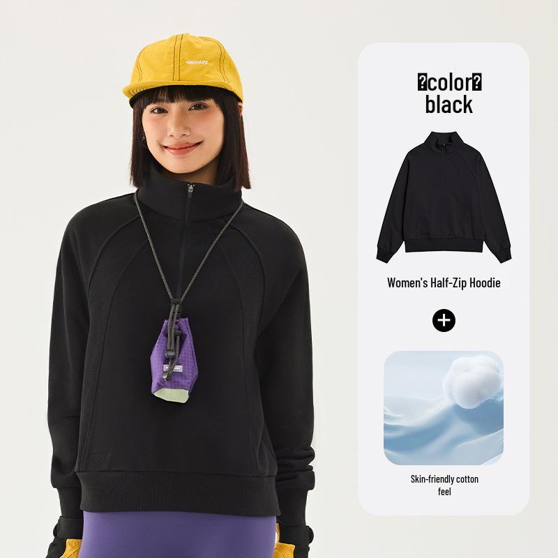 TECTOP Women s Cotton Hoodie: Breathable, Loose Fit, Stand Collar, Half-Zip, Long Sleeve for Autumn/Winter. S