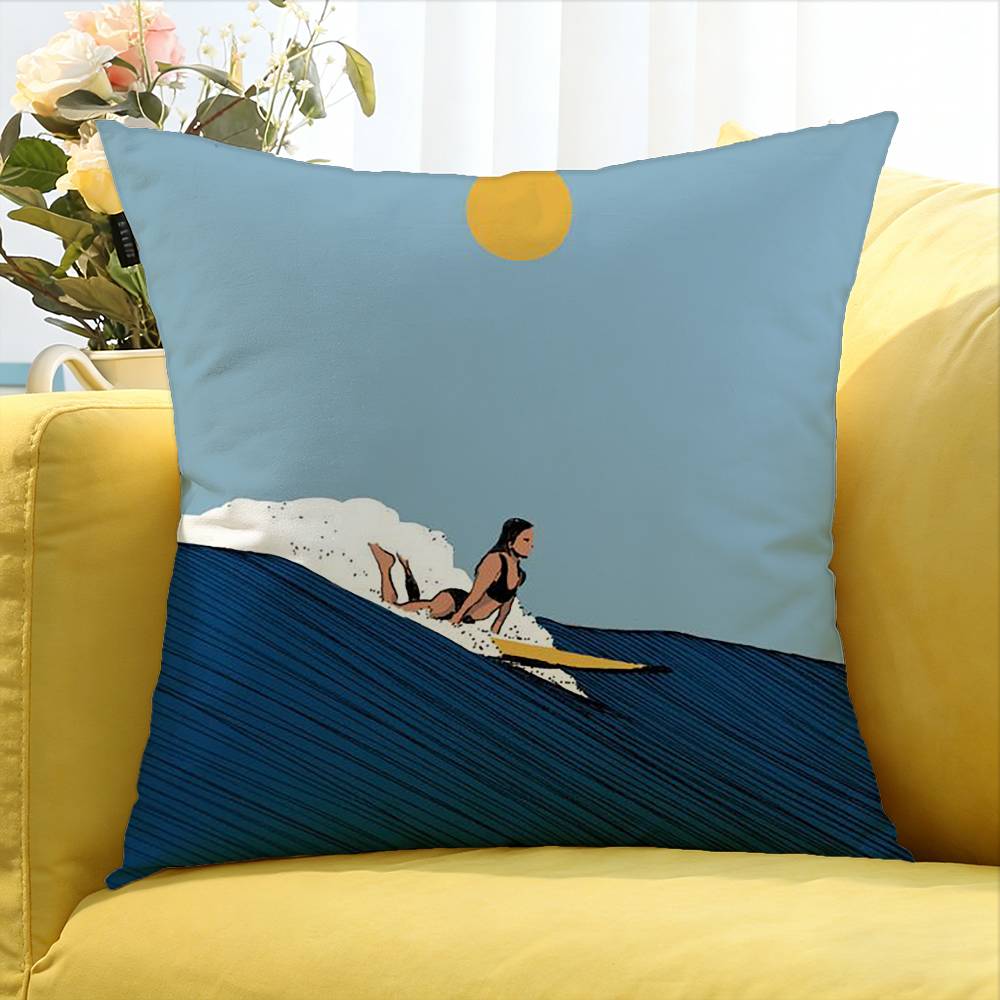 Surfboard Surfing Art Surf Girl Various Sizes Square Pillow Case For Car Home Bedchamber Decor