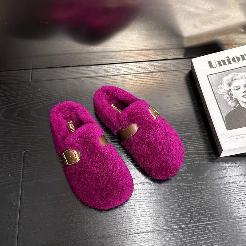 Dragon fruit color fluffy slippers women's autumn new fashion belt buckle flat lazy shoes one pedal