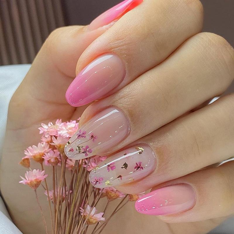 24pcs  Flower Almond Nail Pink Tender Gradient Floral Nail Art, Spring Romantic Fake Nail Product, Medium Long Wearing Nail