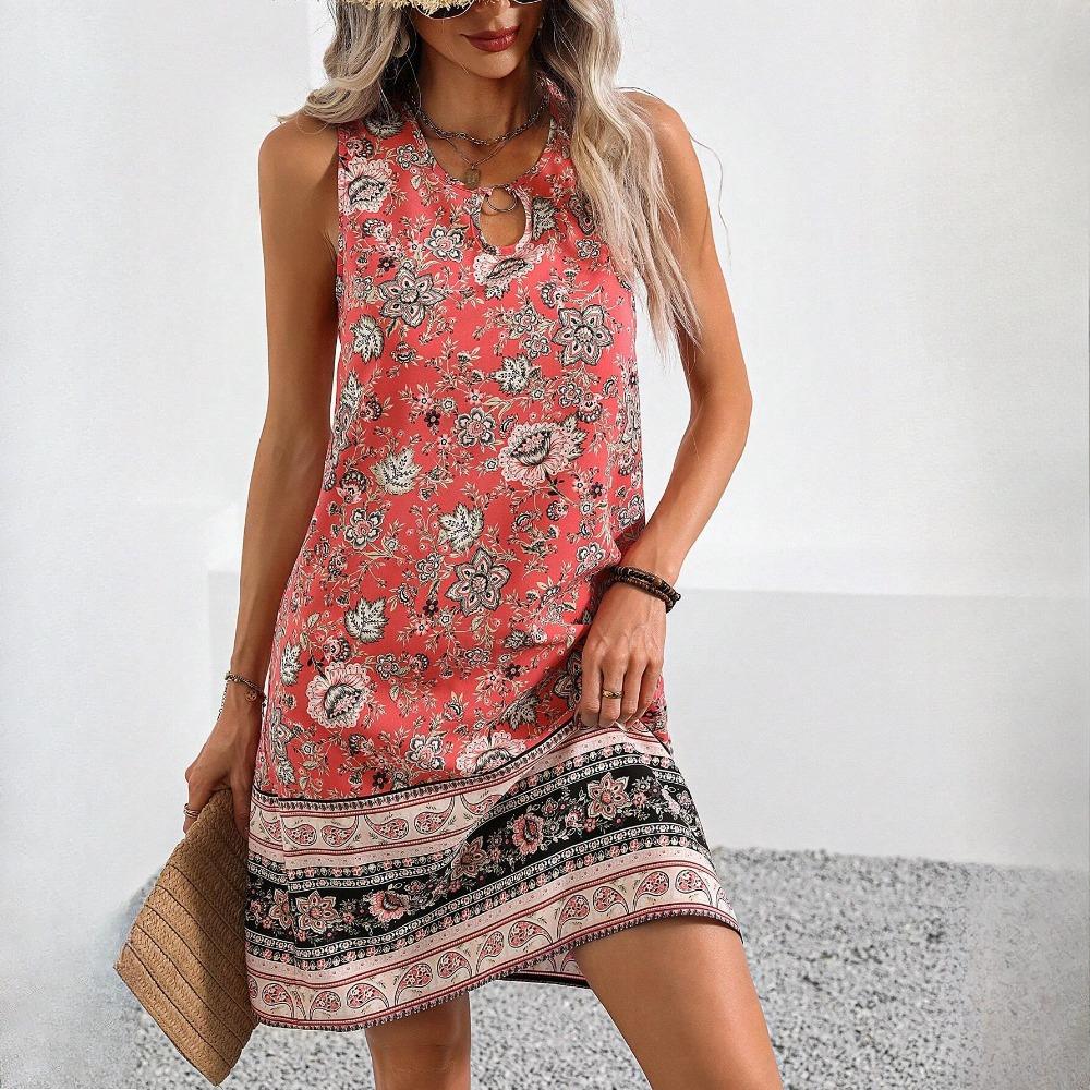 GMXIA Summer Elegant U-Neck Burnt Floral Print Sleeveless Midi Dress with Ring