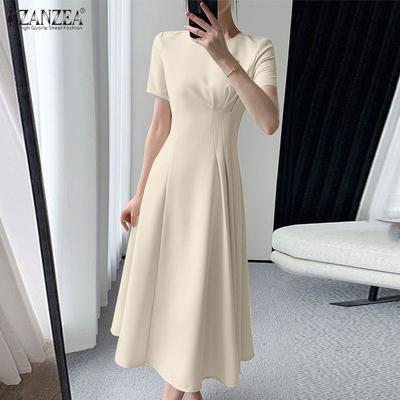 Women Round Neck Summer Casual Short Sleeve A-Line Dress