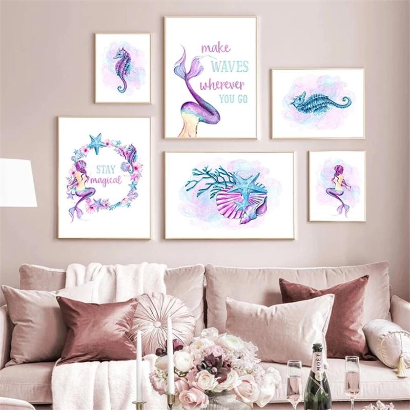 Mermaid Poster Cartoon Starfish Wall Art Hippocampus Nordic Poster and Print White Purple Canvas Painting Picture Home Decor No Frame