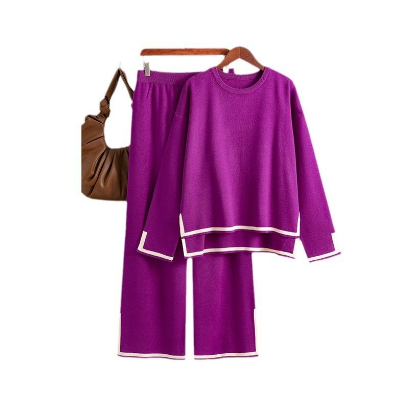 Autumn and Winter New Temperament Contrasting Colors Split-ended Long-sleeved Knitted Suit High Waist and Thin Wide-leg Trousers Two-piece Set