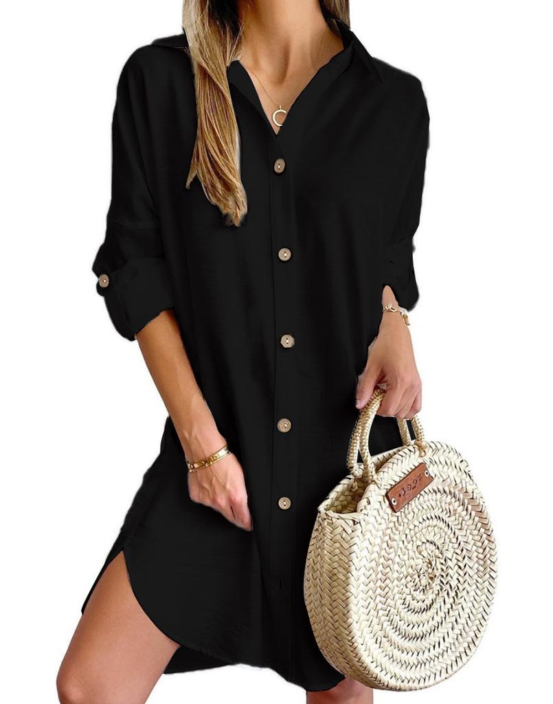 Solid Color Button Front Shirt Dress Casual Long Sleeve Lapel Dress for Spring Fall Women's Clothing