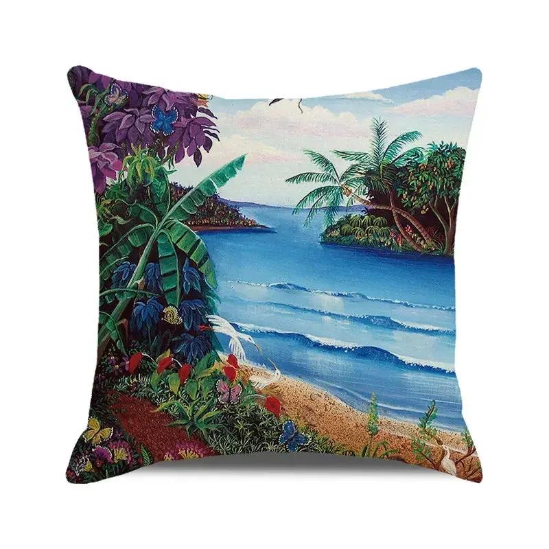 45x45 Cm Blue Ocean Style Square Cushion Cover Beach Coconut Grove Sunset Scenery Print Pillowcase Home Decor Pillow Cover