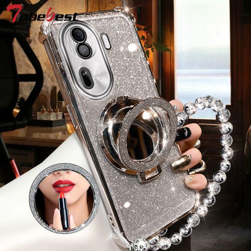 

Shockproof GLITTER Plating Crystal Bracelet Magsafe Phone Holder Case For OPPO Reno 12 12F 11 11F 10 Pro Cover Reno 10 Pro серебряный