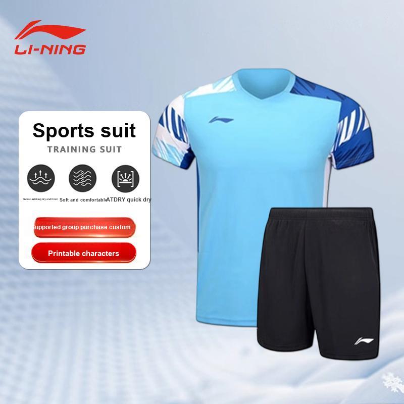 Li Ning Badminton Series Color Block Printed V-Neck Pullover Short Sleeve T-Shirt Mid Waist Shorts Casual Sports Set Unisex Sports Set Blue AATU023-4