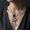 Gothic Moonstone/Black Stone Pendant Necklace With Skull Key Charm For Women Trendy Jewelry Accessory
