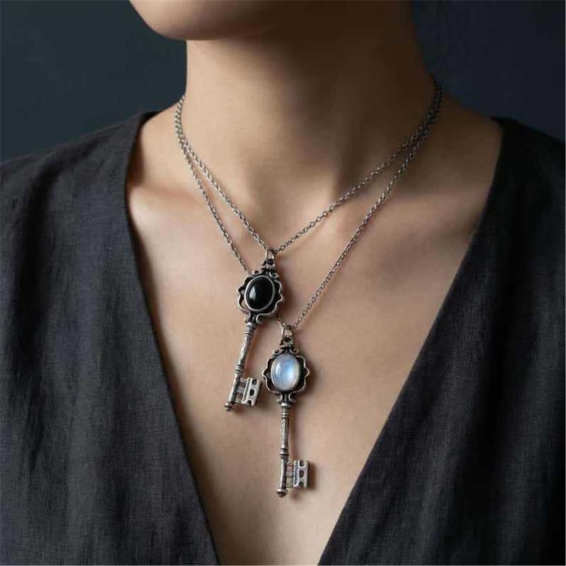 Gothic Moonstone/Black Stone Pendant Necklace With Skull Key Charm For Women Trendy Jewelry Accessory