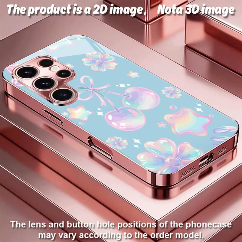 2DFlat Samsung electroplated tempered glass phone case,Pastel Stars and Cherries DesignSuitable for Galaxy S26 S23 S24FE S25ULTRA S22 S21