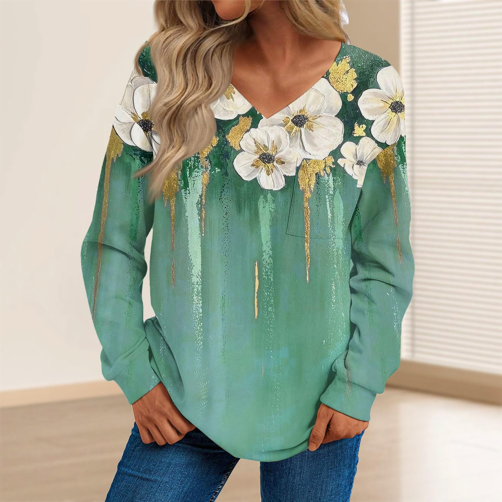 

Женская мода повседневный свитер с длинным рукавом и принтом V-образным вырезом M зелёный