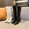 Giant Beauty~ White Coarse Heel Motorcycle Knight Boots Women's British French Belt Buckle Height Increasing Skinny Long Fashion Boots Women