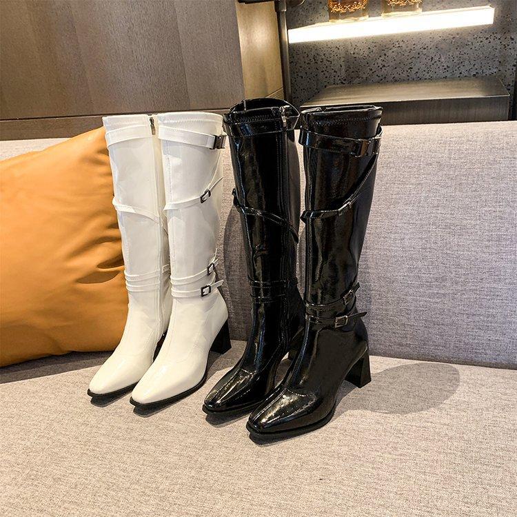 Giant Beauty~ White Coarse Heel Motorcycle Knight Boots Women's British French Belt Buckle Height Increasing Skinny Long Fashion Boots Women