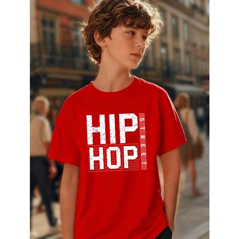European sizes Boys' Short-Sleeve Hip-Hop Street Style Print T-Shirt with a Black Background, White Text, And Red Stripe Design