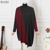 ZANZEA Women Casual Turtleneck Long Sleeve Patchwork Dress