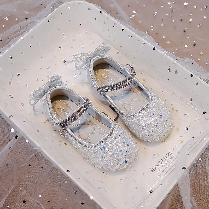 Girls' Rhinestone Sequin Crystal Princess Shoes2026Spring and Autumn Soft Sole Non-Slip Bowknot Solid Color Children's Performance Shoes