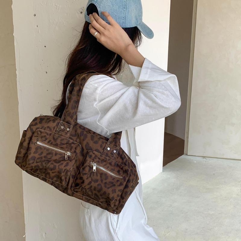 Cylinder leopard print bag retro multi-mouth handbag large capacity new niche high-end shoulder bag women