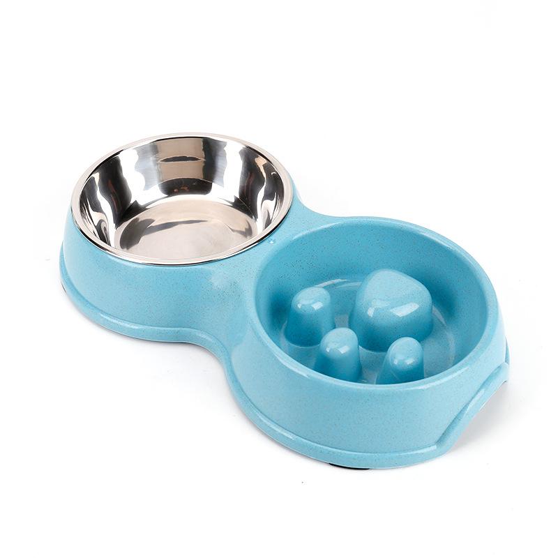 Wheat Straw Stainless Steel Double Pet Bowl - Anti-Choke Slow Feeder for Dogs and Cats