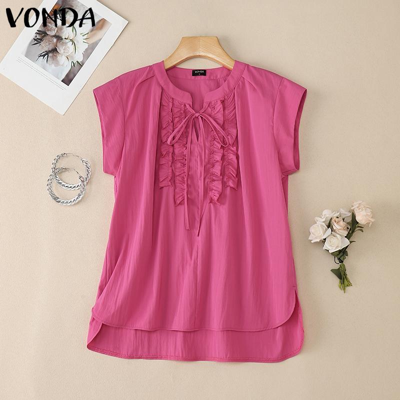 

VONDA Elegant Women Sleeveless Bow Knot Pleated High Low Hem Casual Tank Tops 5XL темно-розовый