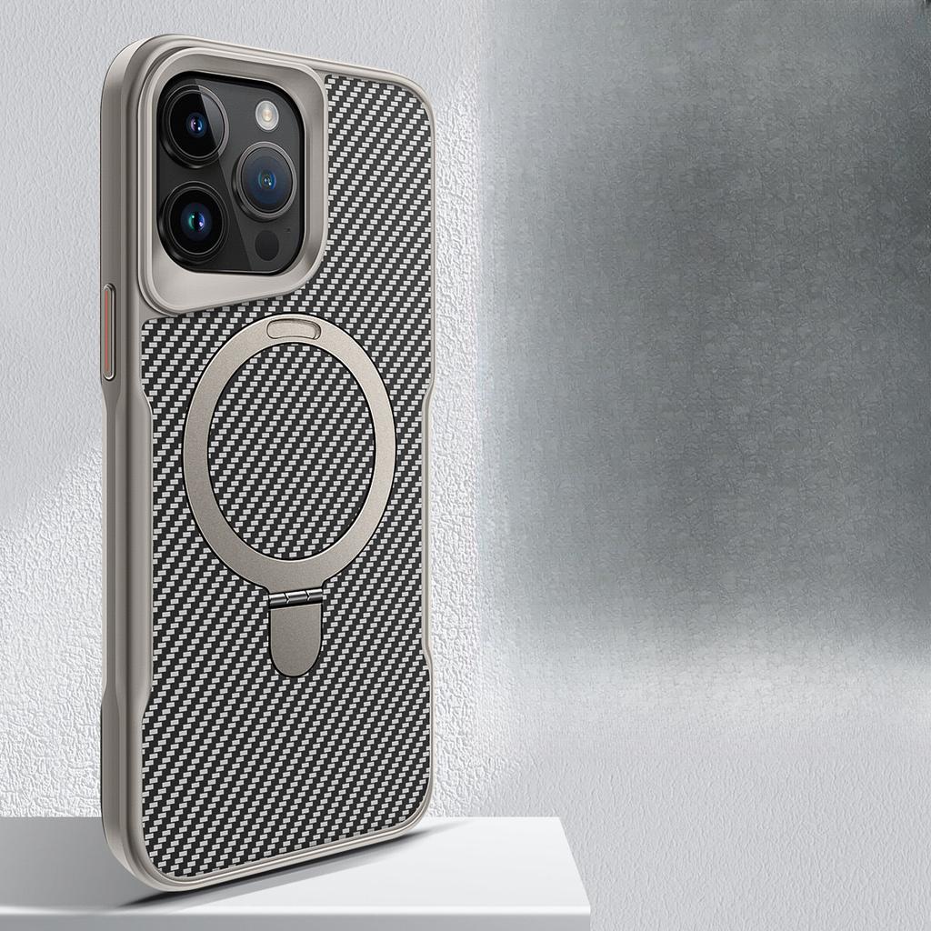 Suitable for Ip16pm Carbon Fiber Stand Magnetic Case, Apple 15/14/13pro Armor Full Cover Protective Case
