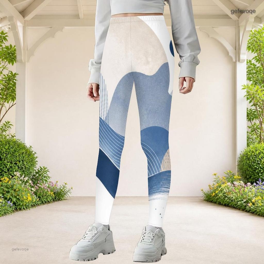 Girls Full Length Fitted Stretch Waist Printed Blue White Yoga Leggings