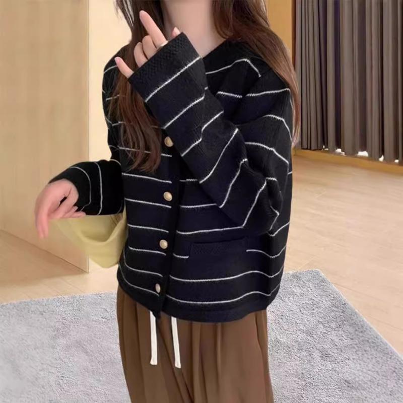 

Свободный полосатый вязаный кардиган с круглым вырезом, женский осенний, новая модная маленькая милая и тонкая кофта one size fits all чёрный