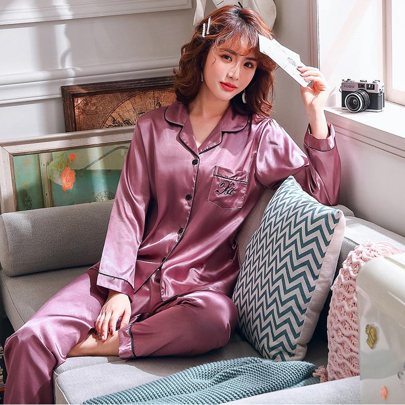Frühlings-Seidenpyjama-Set im koreanischen Stil: Damenimitatseide & Herren Dünn Langarm Hauskleidung