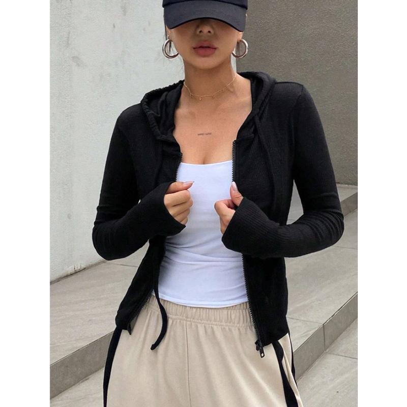 Wiosna Jesień Damski Koreański Vintage Kardigan z Kapturem Cienki Letni Sportowy Kurtka Slim Fit Krótki Top na Zamek Jednolity Kolor