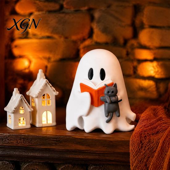 Milchtee Geist Geschenk Halloween Figur, Niedliche Lese Statue, Ornament mit Harz Sammlerstück Kürbis Eimer, Skelett Welpe Tischdeko