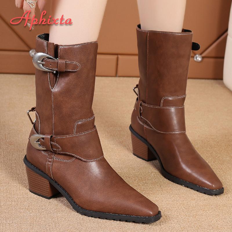 Fashion Aphixta Mid-Calf SquareToe Ankle Boots Women Winter Shoes Buckle Strap Square Heels Women Boots Brown Big Size 41-42