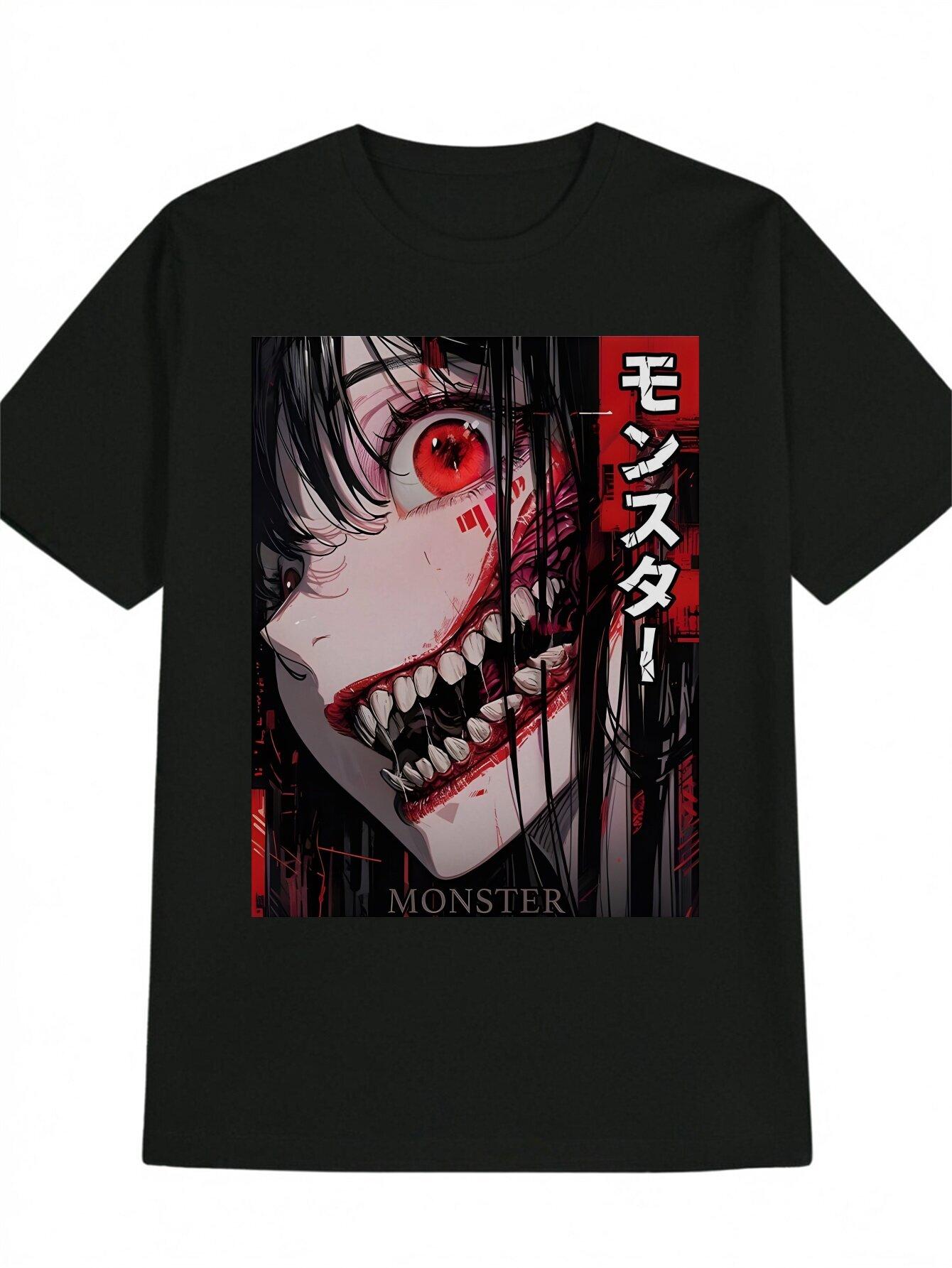 

Casual Crew Neck T-shirt with Monster Graphic Print - Red Eyes & Sharp Teeth Design L