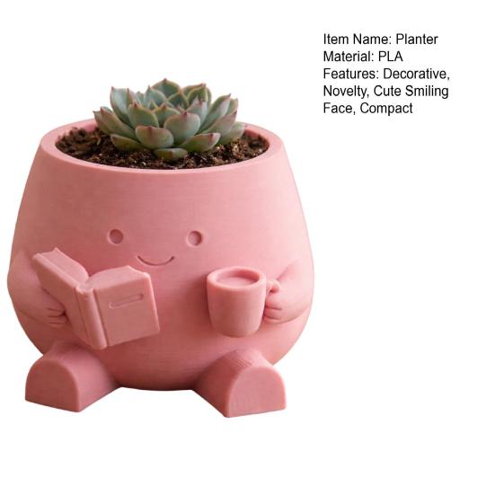 Sød Smilende Ansigt Planteholder, 3D Printet Læsende Hoved Planteholder, Siddende Figur Med Bog Og Kop Plante Pot til Sukkulenter Kaktus Skrivebordsdekoration
