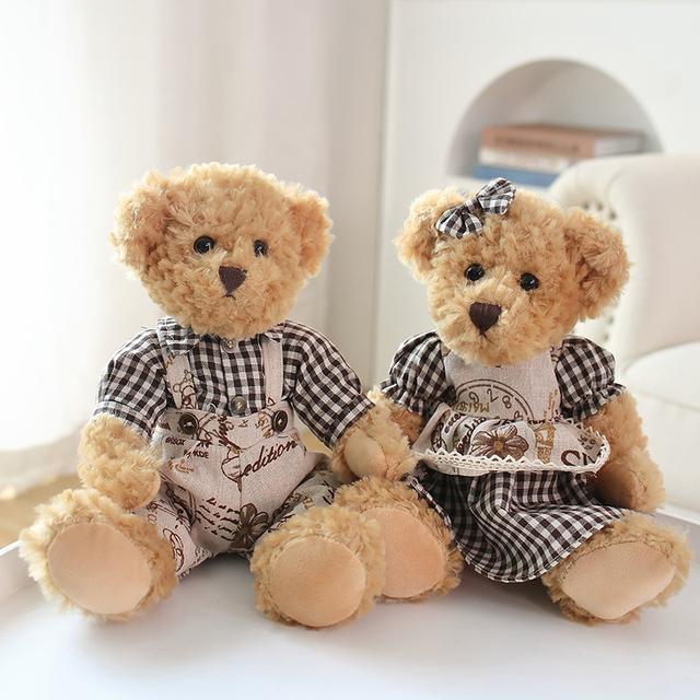 A Pair 26cm Cute Couple Teddy Bear with Cloth Plush Toys Stuffed Dolls Toy Kids Baby Girls Children Girl Birthday Christmas Gift