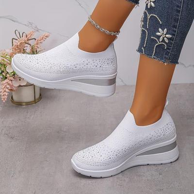 Damen Sneaker mit Strasssteinen und dicker Sohle - Funkelnde Strass-Low-Top Slip-On Schuhe Atmungsaktive Sportschuhe aus Mesh-Gewebe