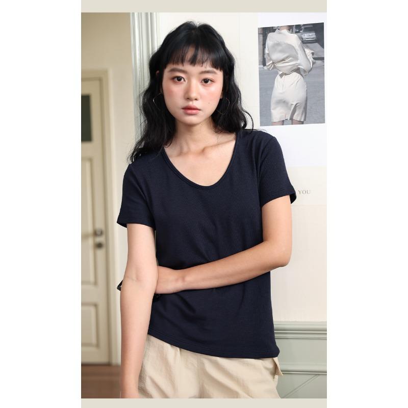 New Spring and Summer Silk Bottoming Shirt Women's Lyocell Goose Egg Neck Short Sleeve Top