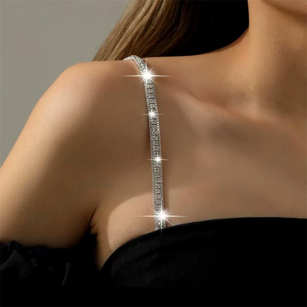 Anti-exposure off-shoulder bra with shoulder strap and neck strap, invisible anti-slip shoulder strap with rhinestone bra strap
