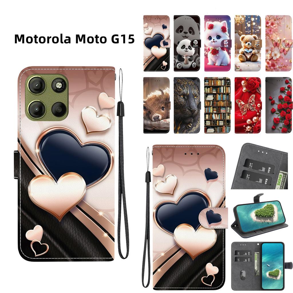 Handmade PU Leather Flip Case for Motorola Moto G15 Anti-Slip Shockproof Cover with Wrist Strap & Heart/Rose Cat Designs