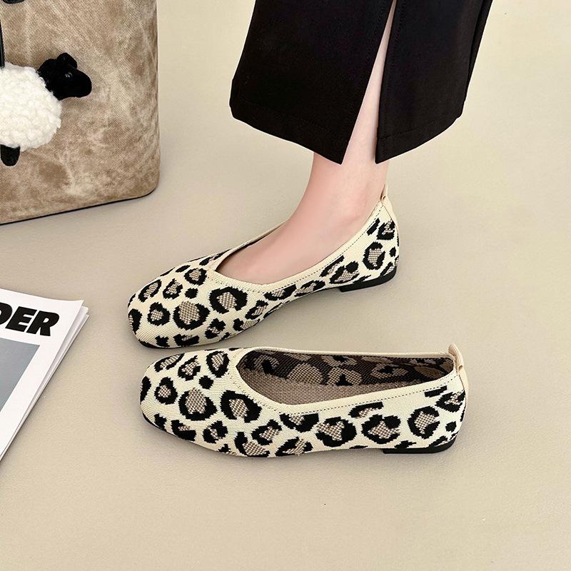 Fashion Women Leisure Flats Summer Autumn Flat Shoes Breathable Knitted Leopard Print Slip-on Female Daily Walking Driving Loafers