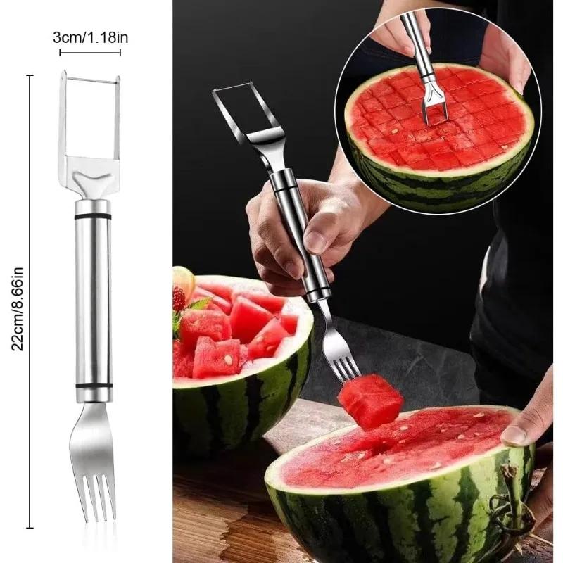 2-in-1 Stainless Steel Fruit Cutter Portable Fruit Forks Slicer Stainless Steel Fruit Cutter for Home Party Camping Kitchen Tool