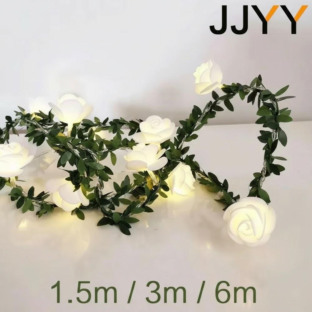 

1.5M 3M 6M Rose Christmas Lantern LED Lights Green Leaf Vine Fairy Tale Lighting for Family Party Decor
