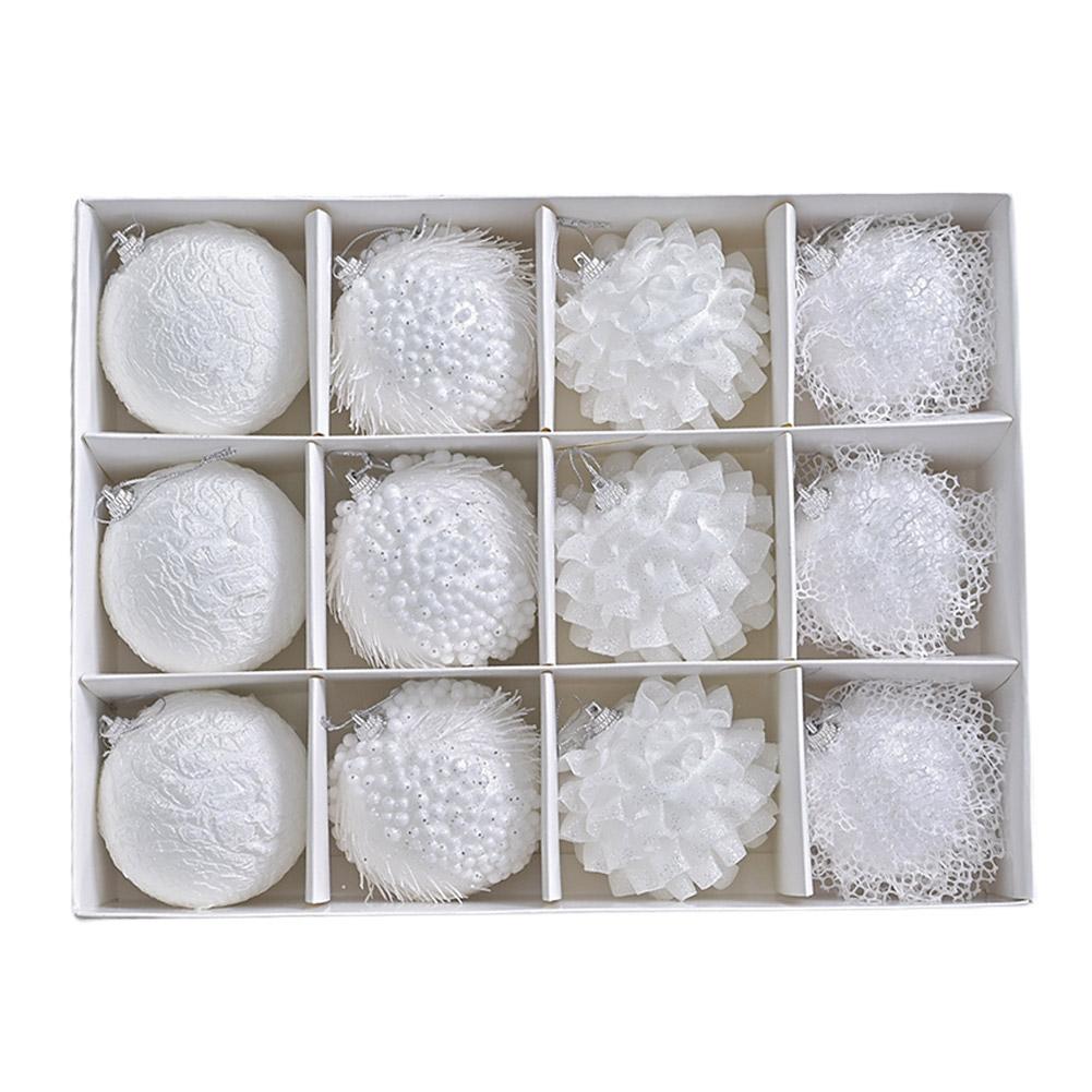 A Box Of 12 White Ins Style Lace Glitter Foam 8cm Christmas Ball Decoration Pendant Christmas Atmosphere Pendant Gift Box