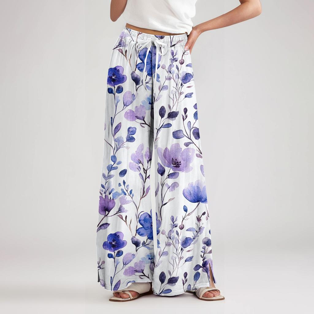 Women's Loose Casual Floral Print Wide Leg Pants With Elastic Waist Drawstring And Pocket Pants