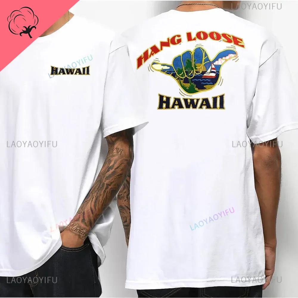 Hawaiian Style Mens Casual Tshirt Island Hanging Pine Shaka Surfboard Mens and Womens White Cotton Tee Retro Beach Surf Tops