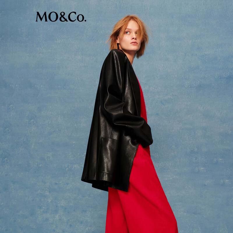 MO&Co. Women's Faux Leather Padded Shoulder Blazer