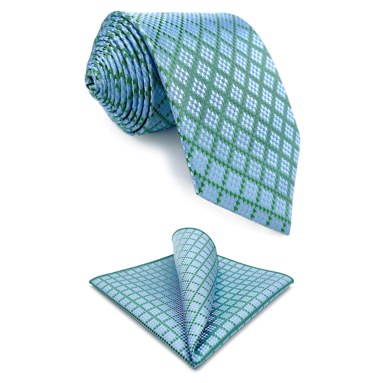 [S&W SHLAX&WING] Men s Tie and Pocket Square Tie, Baby Blue Green Azure Check Pattern, Suit, Prom, Party, Extra Long 160cm