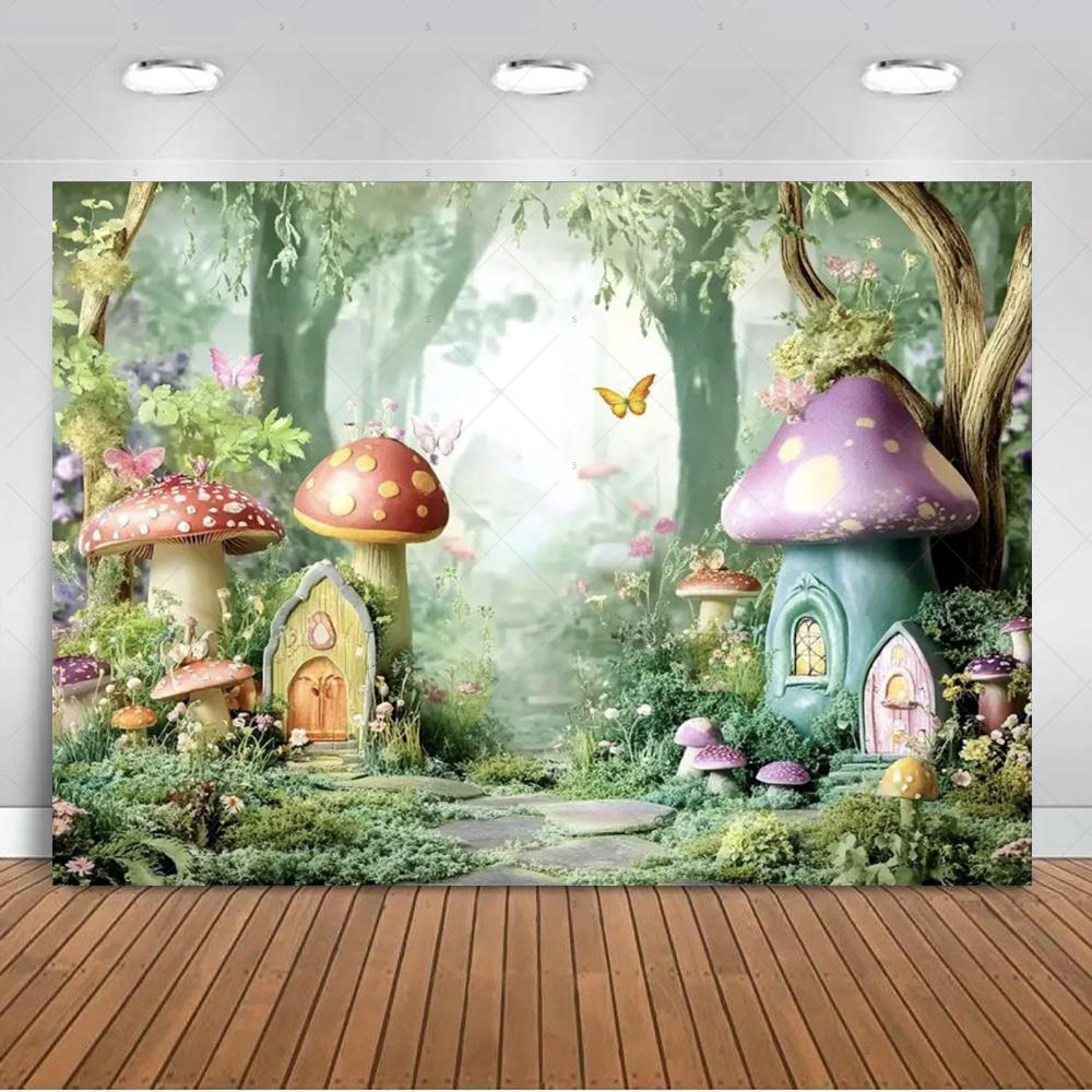 Dreamy Fairy Tale Forest Wonderland Theme Birthday Party Decorations Mushroom House Family Background Banner Stud2136